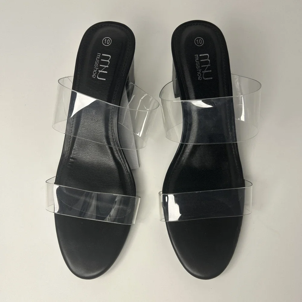 MUSSHOE Clear Two Strap Block Heel Sandals Black Women's Size 10 NWB